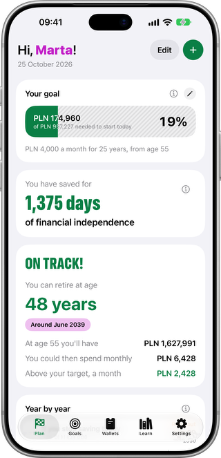 Tyle’s Plan screen: the age you can stop working and your days of financial independence